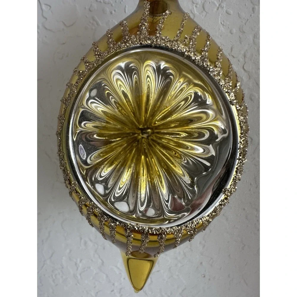Vintage Indent Teardrop Mercury Glass Christmas Ornament Yellow Gold Glitter